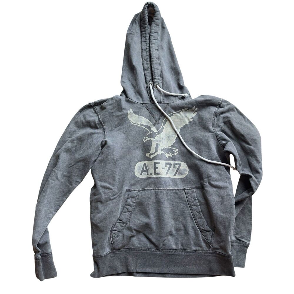 American Eagle Hoodie Mens Small Gray Graphic Distressed Y2K Vintage Faded Eagle